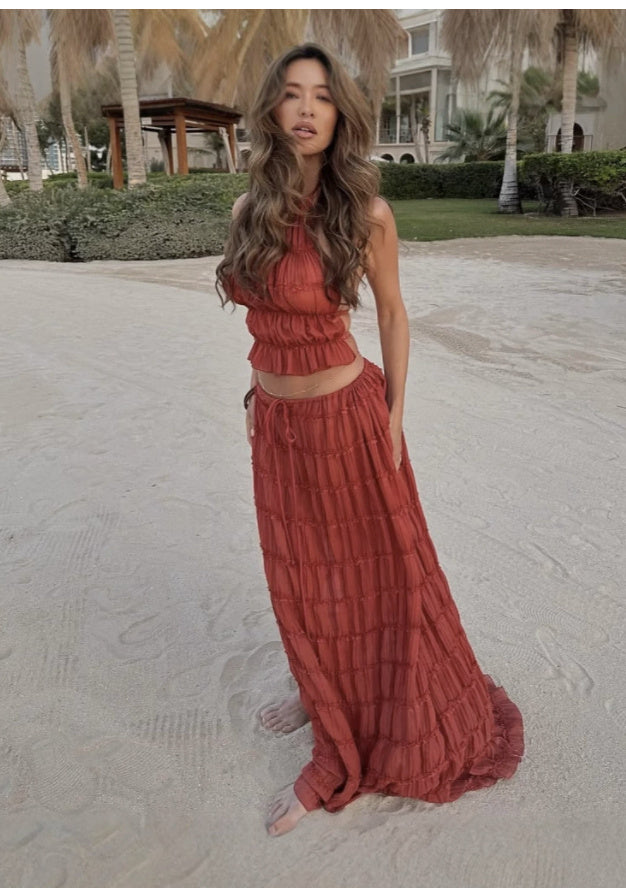 Ensemble 2 pièces pour femme, haut court dos nu sans manches et jupe longue plissée, vêtements de plage
