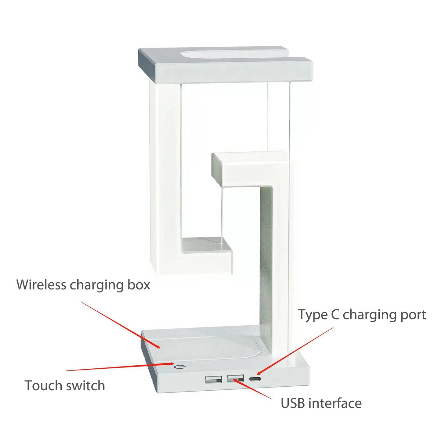 Veilleuse LED suspendue anti-gravité avec chargeur sans fil 10 W, lampe de bureau à intensité variable, lampe de table pour chambre à coucher, lampe de chevet décorative