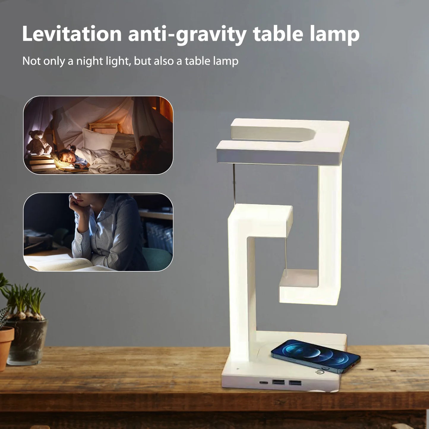 Veilleuse LED suspendue anti-gravité avec chargeur sans fil 10 W, lampe de bureau à intensité variable, lampe de table pour chambre à coucher, lampe de chevet décorative