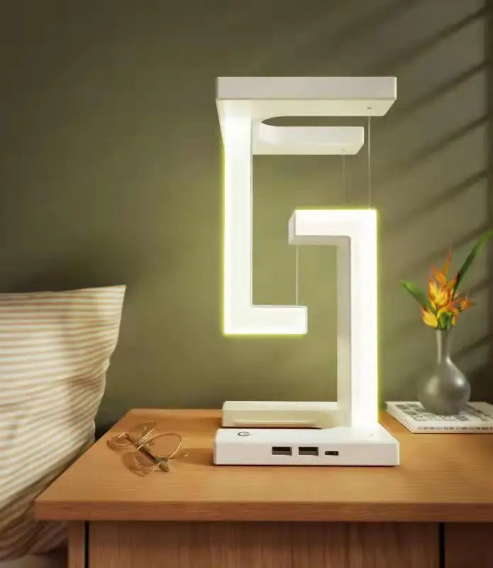 Veilleuse LED suspendue anti-gravité avec chargeur sans fil 10 W, lampe de bureau à intensité variable, lampe de table pour chambre à coucher, lampe de chevet décorative