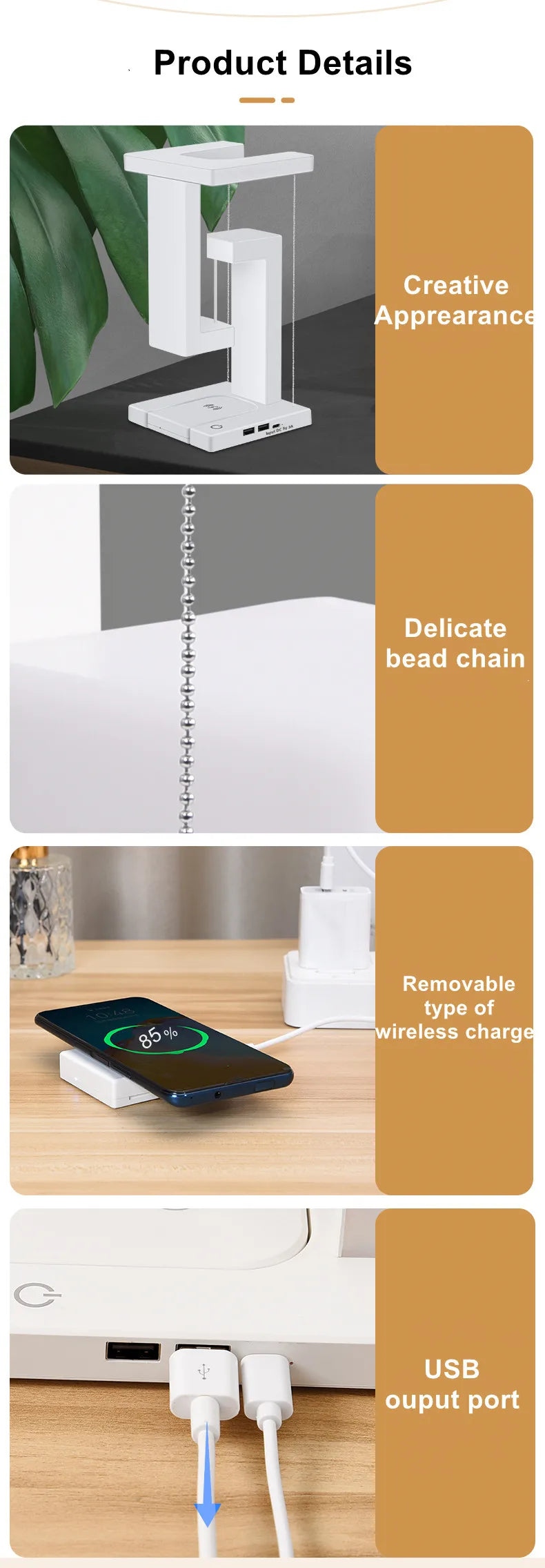 Veilleuse LED suspendue anti-gravité avec chargeur sans fil 10 W, lampe de bureau à intensité variable, lampe de table pour chambre à coucher, lampe de chevet décorative