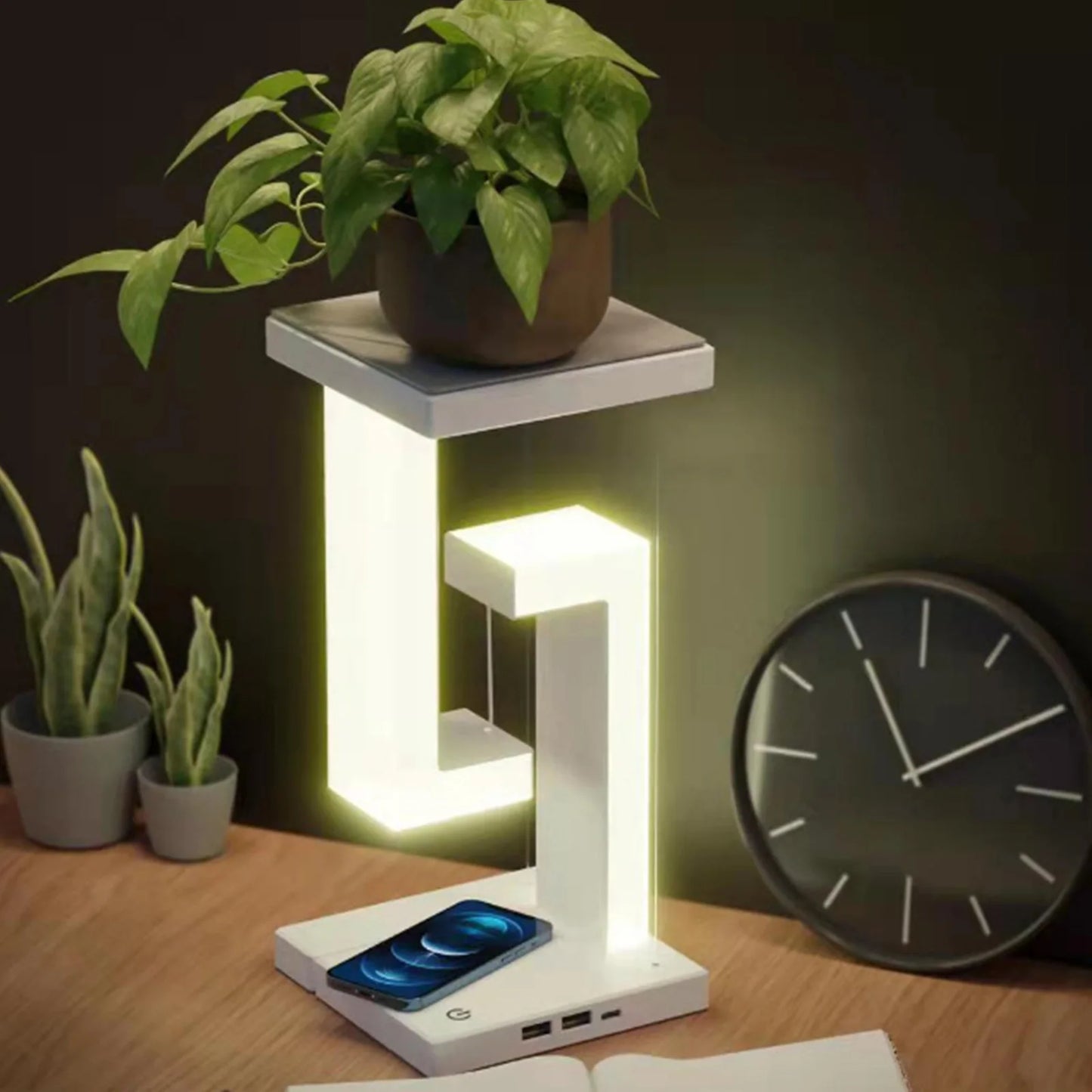 Veilleuse LED suspendue anti-gravité avec chargeur sans fil 10 W, lampe de bureau à intensité variable, lampe de table pour chambre à coucher, lampe de chevet décorative