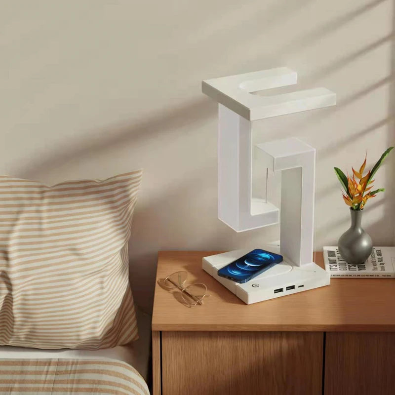 Veilleuse LED suspendue anti-gravité avec chargeur sans fil 10 W, lampe de bureau à intensité variable, lampe de table pour chambre à coucher, lampe de chevet décorative