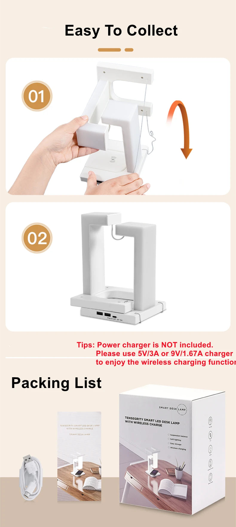 Veilleuse LED suspendue anti-gravité avec chargeur sans fil 10 W, lampe de bureau à intensité variable, lampe de table pour chambre à coucher, lampe de chevet décorative