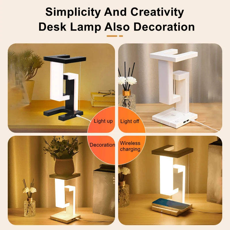 Veilleuse LED suspendue anti-gravité avec chargeur sans fil 10 W, lampe de bureau à intensité variable, lampe de table pour chambre à coucher, lampe de chevet décorative