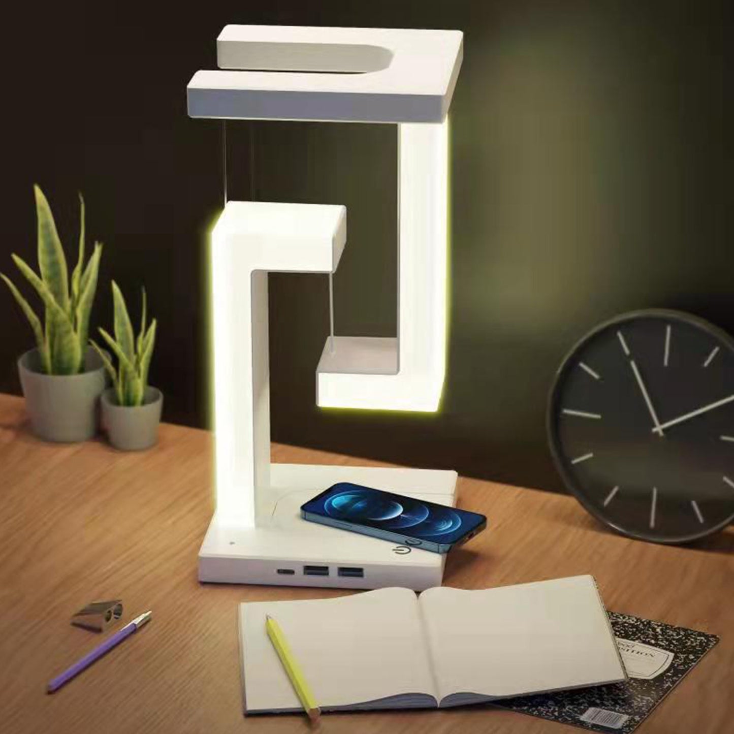 Veilleuse LED suspendue anti-gravité avec chargeur sans fil 10 W, lampe de bureau à intensité variable, lampe de table pour chambre à coucher, lampe de chevet décorative