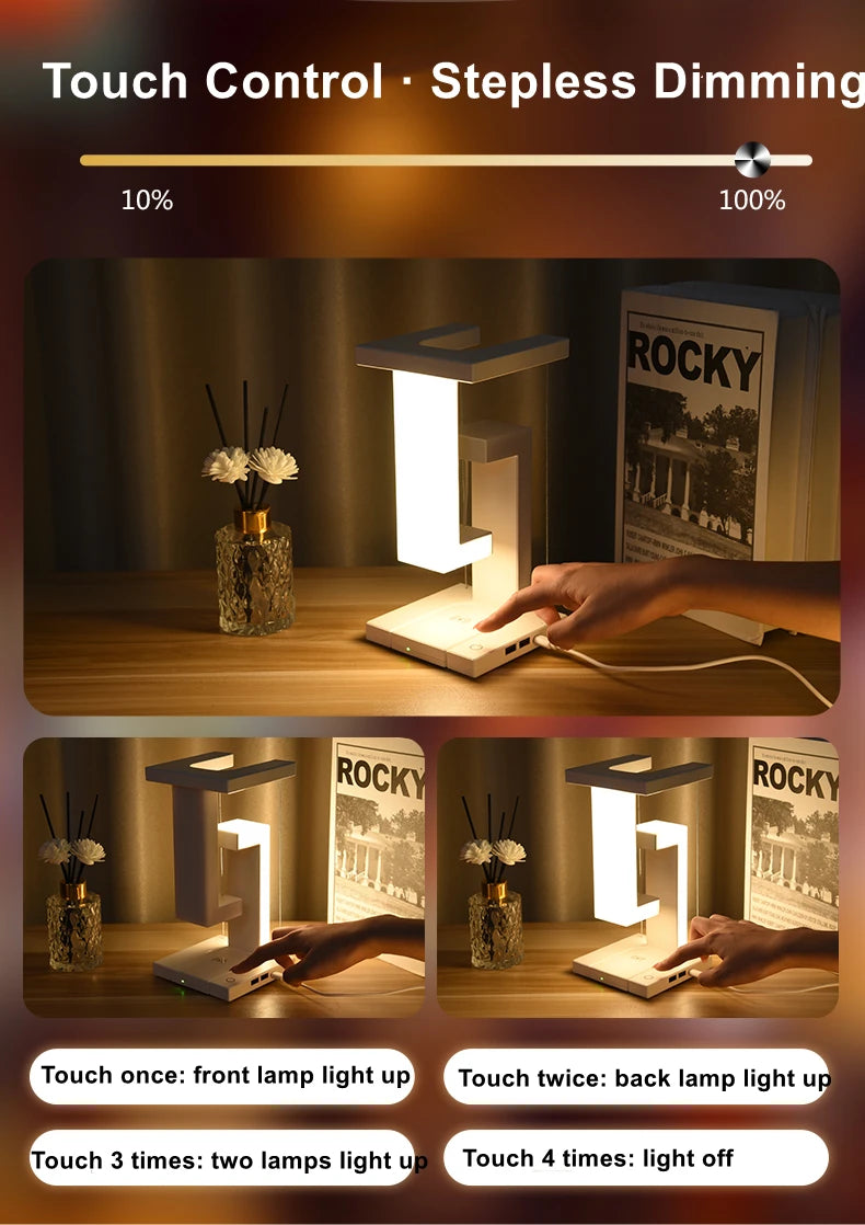 Veilleuse LED suspendue anti-gravité avec chargeur sans fil 10 W, lampe de bureau à intensité variable, lampe de table pour chambre à coucher, lampe de chevet décorative