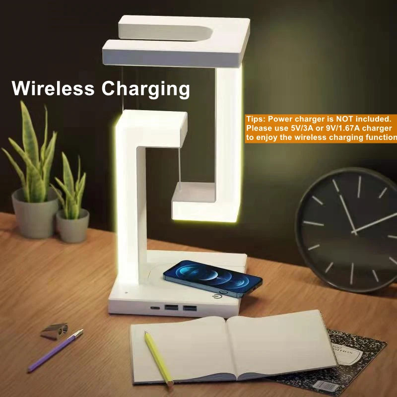 Veilleuse LED suspendue anti-gravité avec chargeur sans fil 10 W, lampe de bureau à intensité variable, lampe de table pour chambre à coucher, lampe de chevet décorative