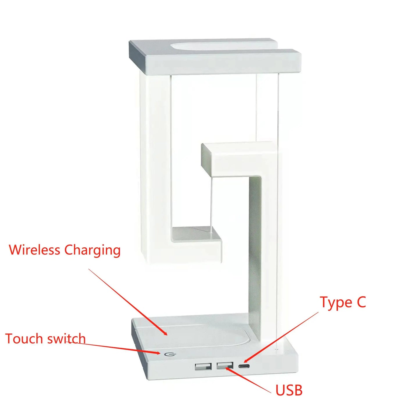 Veilleuse LED suspendue anti-gravité avec chargeur sans fil 10 W, lampe de bureau à intensité variable, lampe de table pour chambre à coucher, lampe de chevet décorative
