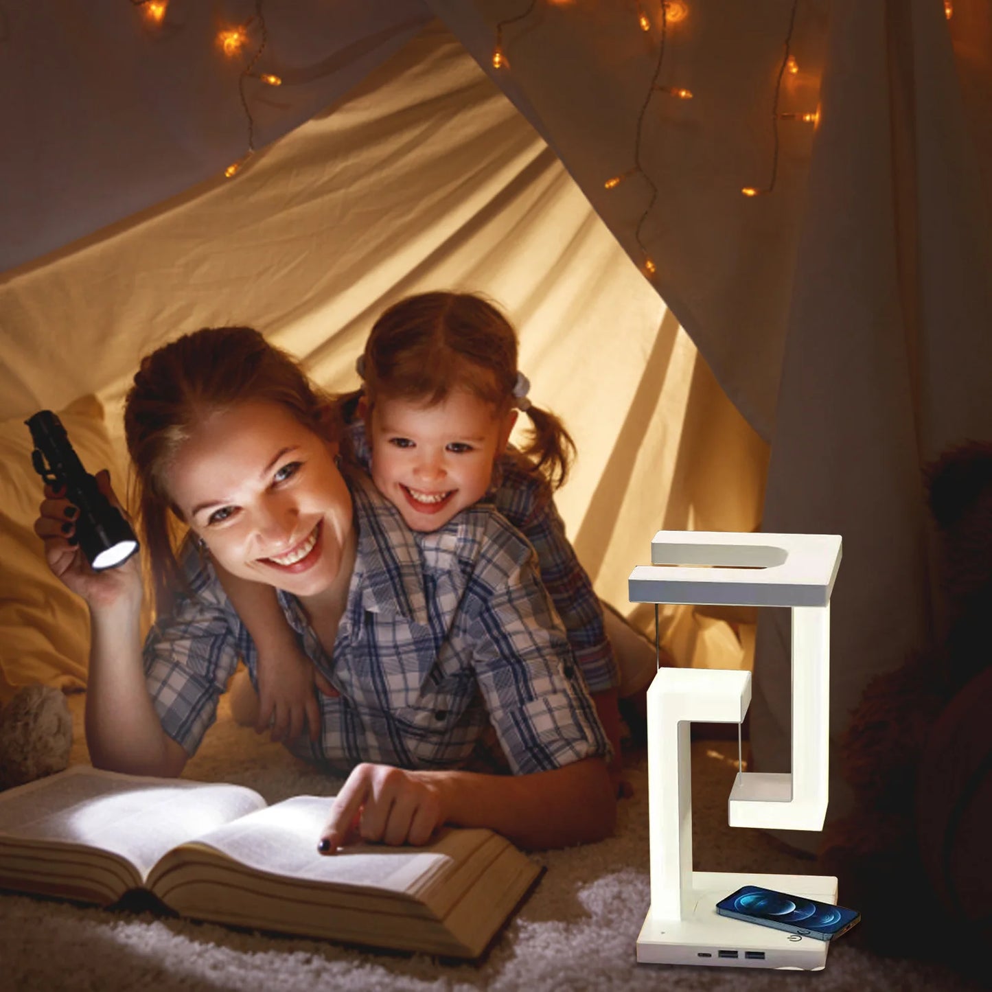 Veilleuse LED suspendue anti-gravité avec chargeur sans fil 10 W, lampe de bureau à intensité variable, lampe de table pour chambre à coucher, lampe de chevet décorative