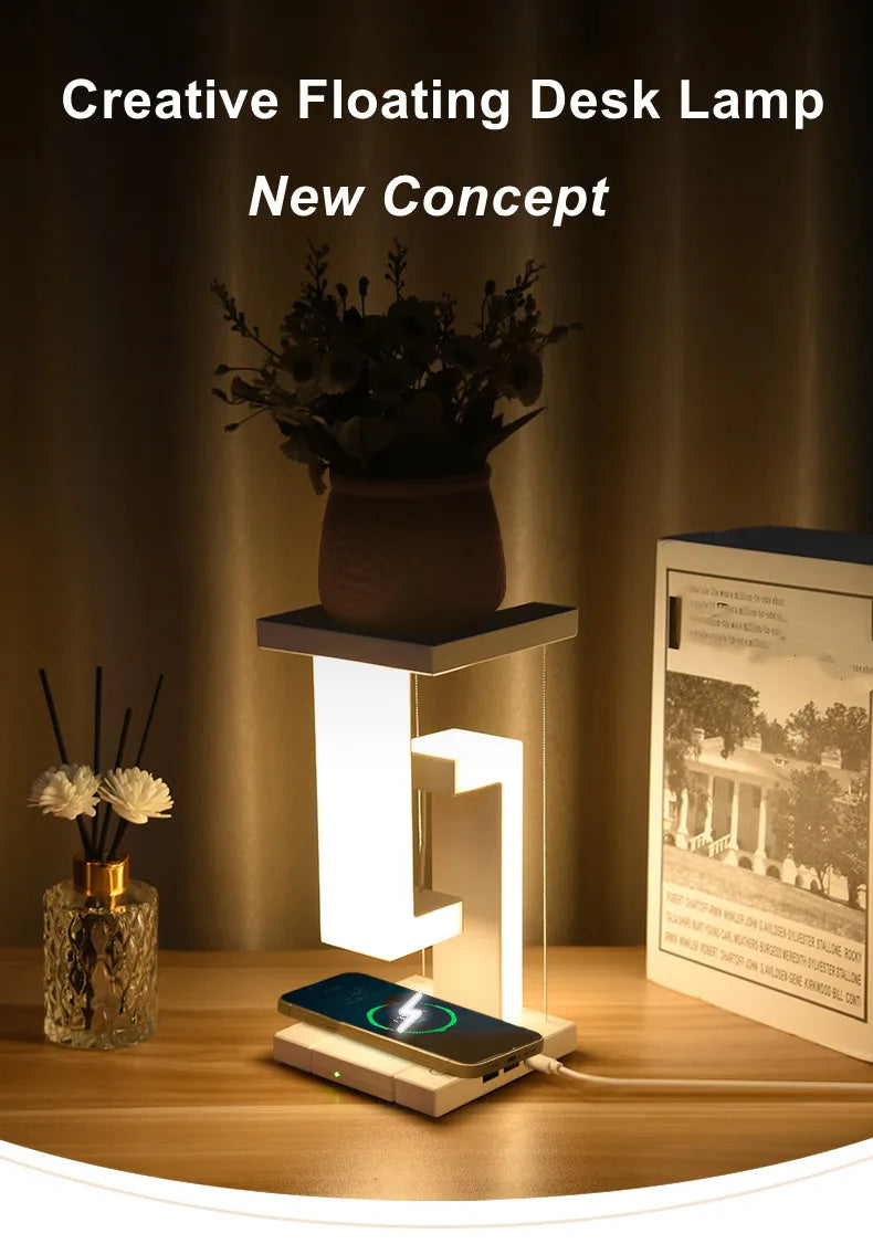 Veilleuse LED suspendue anti-gravité avec chargeur sans fil 10 W, lampe de bureau à intensité variable, lampe de table pour chambre à coucher, lampe de chevet décorative