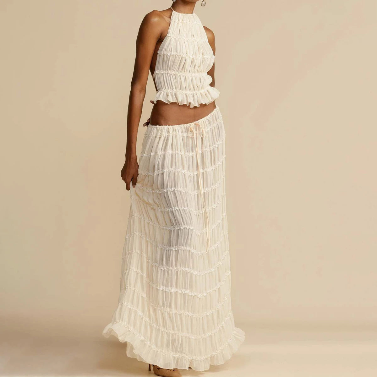 Ensemble 2 pièces pour femme, haut court dos nu sans manches et jupe longue plissée, vêtements de plage
