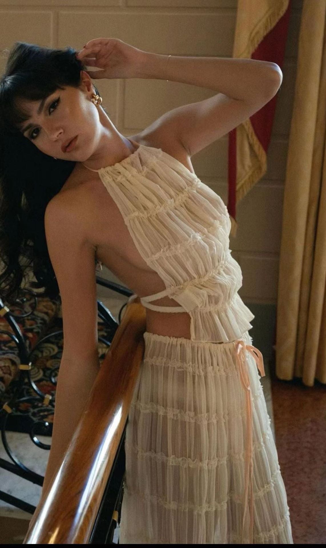 Ensemble 2 pièces pour femme, haut court dos nu sans manches et jupe longue plissée, vêtements de plage