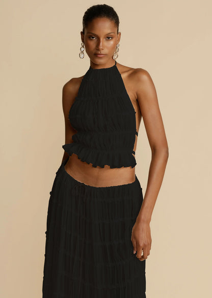 Ensemble 2 pièces pour femme, haut court dos nu sans manches et jupe longue plissée, vêtements de plage
