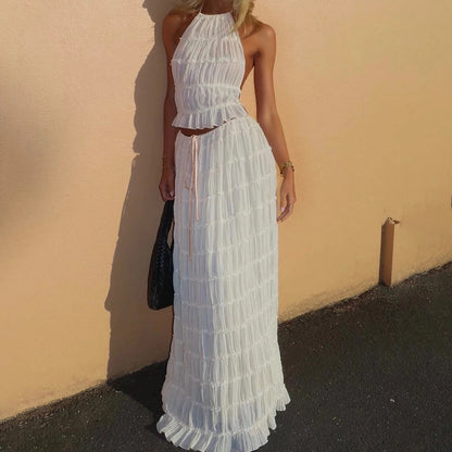 Ensemble 2 pièces pour femme, haut court dos nu sans manches et jupe longue plissée, vêtements de plage