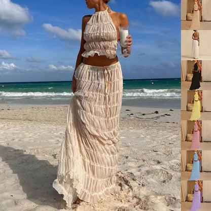 Ensemble 2 pièces pour femme, haut court dos nu sans manches et jupe longue plissée, vêtements de plage