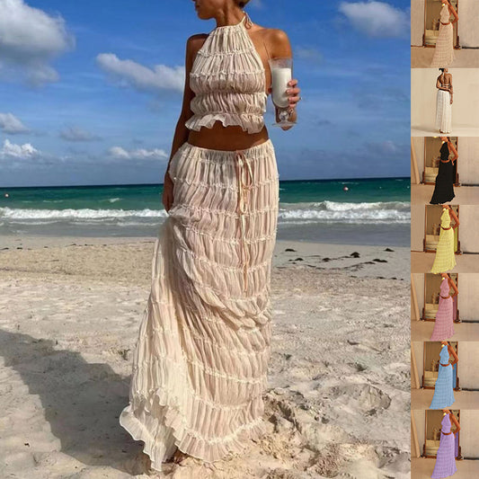 Ensemble 2 pièces pour femme, haut court dos nu sans manches et jupe longue plissée, vêtements de plage