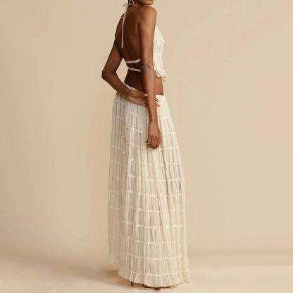Ensemble 2 pièces pour femme, haut court dos nu sans manches et jupe longue plissée, vêtements de plage