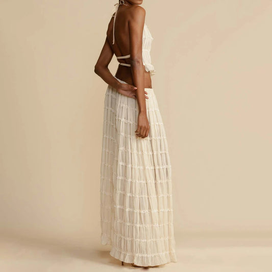 Ensemble 2 pièces pour femme, haut court dos nu sans manches et jupe longue plissée, vêtements de plage