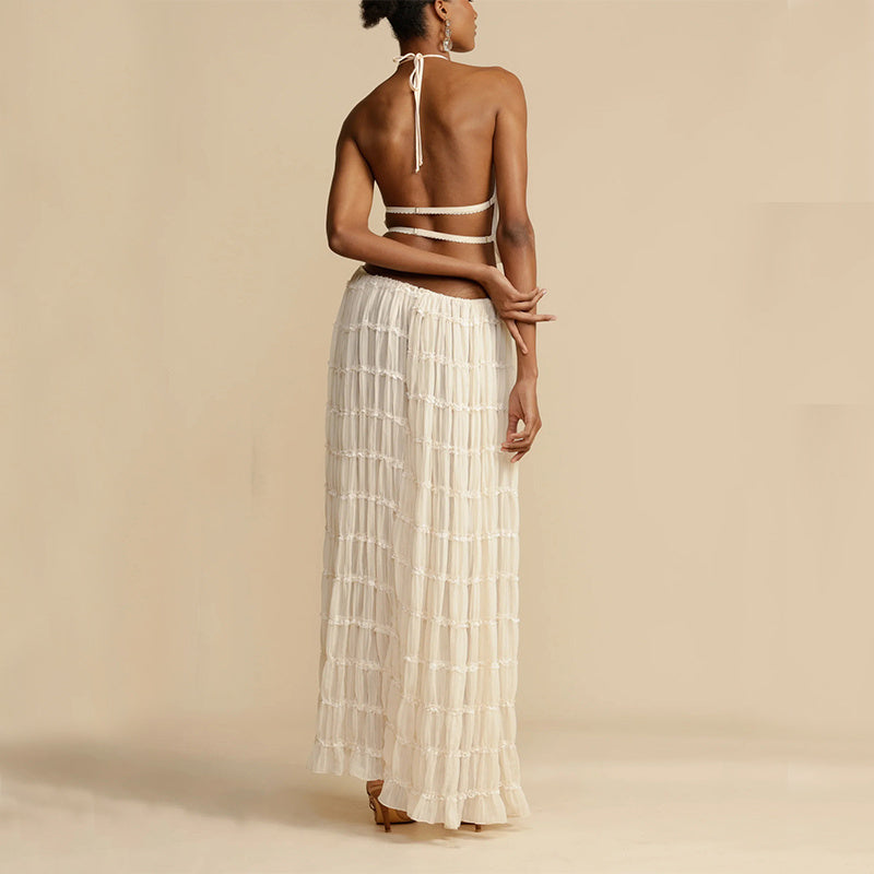 Ensemble 2 pièces pour femme, haut court dos nu sans manches et jupe longue plissée, vêtements de plage