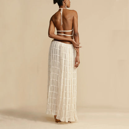 Ensemble 2 pièces pour femme, haut court dos nu sans manches et jupe longue plissée, vêtements de plage
