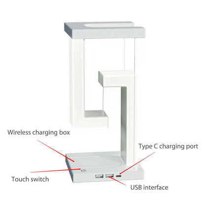 Veilleuse LED suspendue anti-gravité avec chargeur sans fil 10 W, lampe de bureau à intensité variable, lampe de table pour chambre à coucher, lampe de chevet décorative 