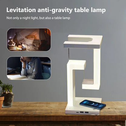 Veilleuse LED suspendue anti-gravité avec chargeur sans fil 10 W, lampe de bureau à intensité variable, lampe de table pour chambre à coucher, lampe de chevet décorative 