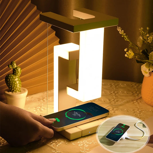 Veilleuse LED suspendue anti-gravité avec chargeur sans fil 10 W, lampe de bureau à intensité variable, lampe de table pour chambre à coucher, lampe de chevet décorative 