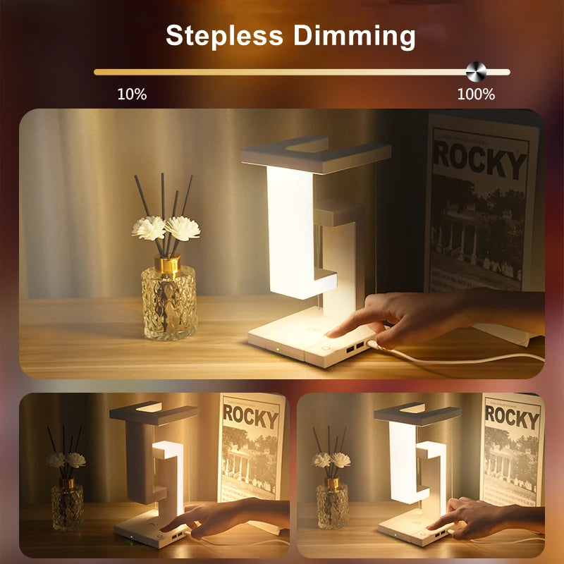 Veilleuse LED suspendue anti-gravité avec chargeur sans fil 10 W, lampe de bureau à intensité variable, lampe de table pour chambre à coucher, lampe de chevet décorative 