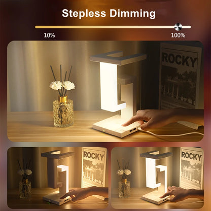 Veilleuse LED suspendue anti-gravité avec chargeur sans fil 10 W, lampe de bureau à intensité variable, lampe de table pour chambre à coucher, lampe de chevet décorative 