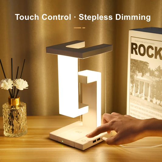 Veilleuse LED suspendue anti-gravité avec chargeur sans fil 10 W, lampe de bureau à intensité variable, lampe de table pour chambre à coucher, lampe de chevet décorative 
