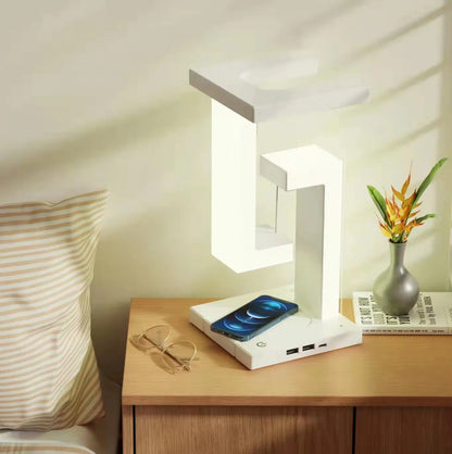 Veilleuse LED suspendue anti-gravité avec chargeur sans fil 10 W, lampe de bureau à intensité variable, lampe de table pour chambre à coucher, lampe de chevet décorative 