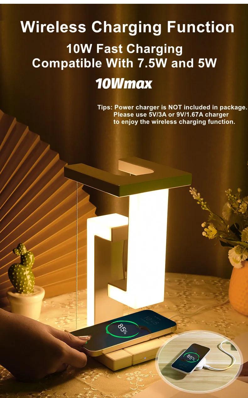 Veilleuse LED suspendue anti-gravité avec chargeur sans fil 10 W, lampe de bureau à intensité variable, lampe de table pour chambre à coucher, lampe de chevet décorative 