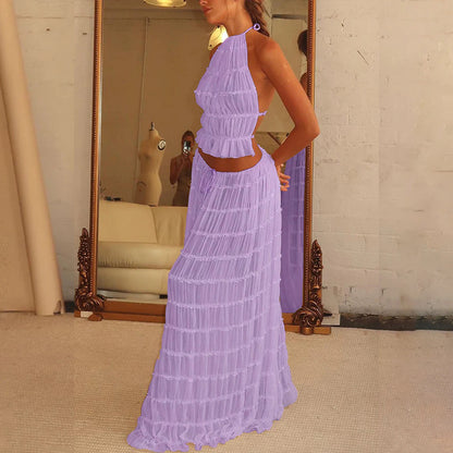Ensemble 2 pièces pour femme, haut court dos nu sans manches et jupe longue plissée, vêtements de plage