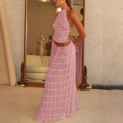 Ensemble 2 pièces pour femme, haut court dos nu sans manches et jupe longue plissée, vêtements de plage